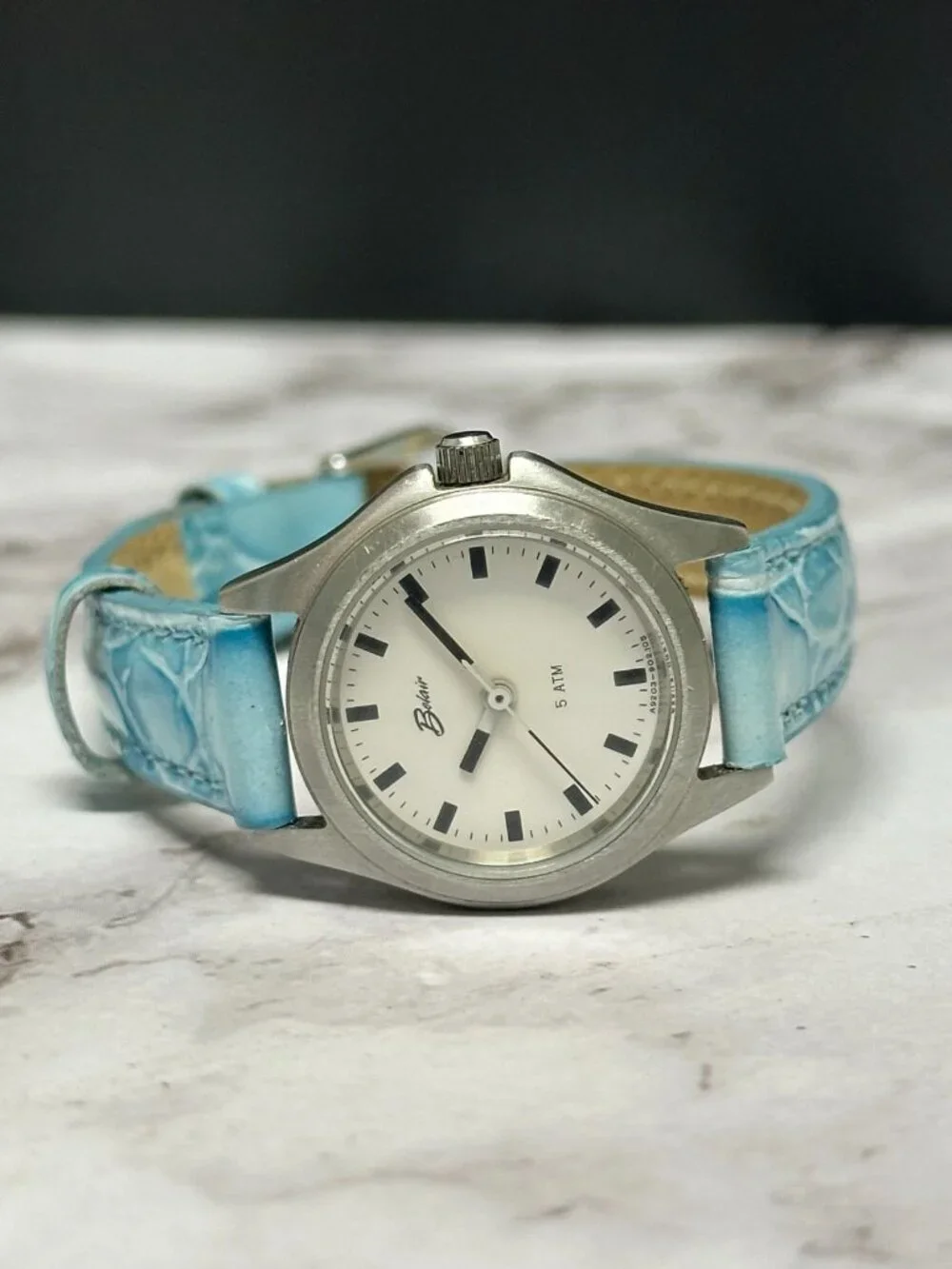 Belair Watch Women Silver Tone Round Dial Blue Leather Band New Battery 8.5 Inch